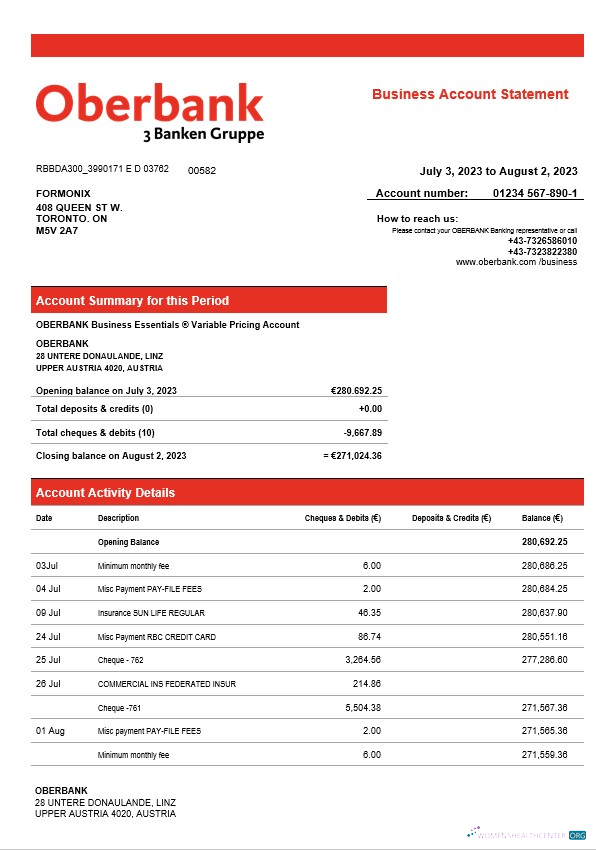 Download Oberbank company checking account statement Word and PDF template Photoshop template
